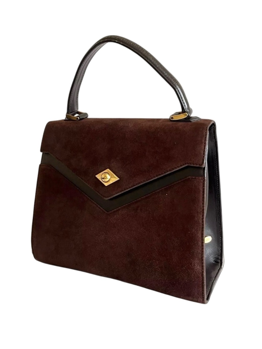 Vintage Bally Brown Suede & Leather Top Handle Satchel Purse Gold Hardware